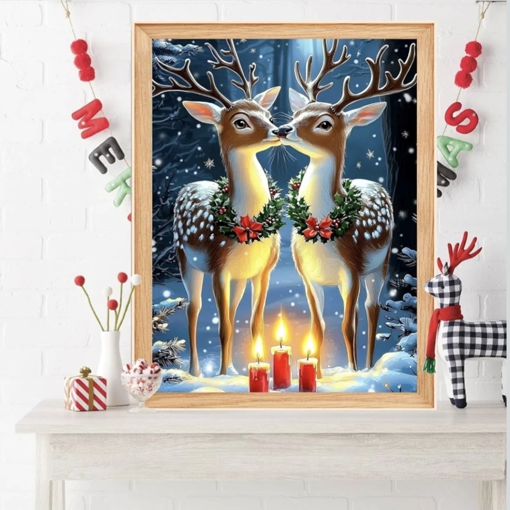 Christmas Holiday Kissing Reindeer Red Holly Diamond Painting Kit New - Picture 3 of 7